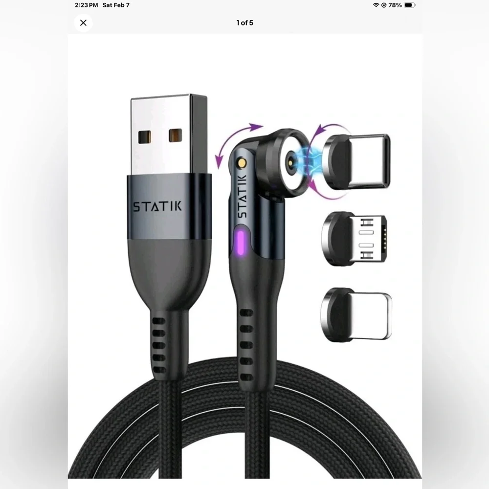 Statik 360 Universal Magnetic USB C Charging Cable w/ 3 Magnetic Tips 3 FT NEW